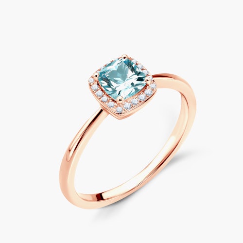 Pierścionek zaręczynowy SAVICKI: różowe złoto, akwamaryn, diamenty